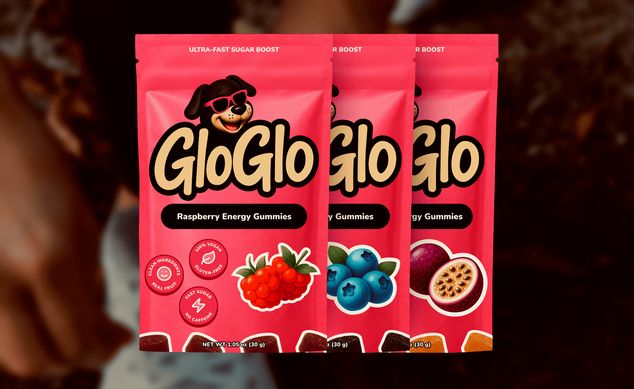 GloGlo gummies in raspberry, blueberry, and passion fruit packs